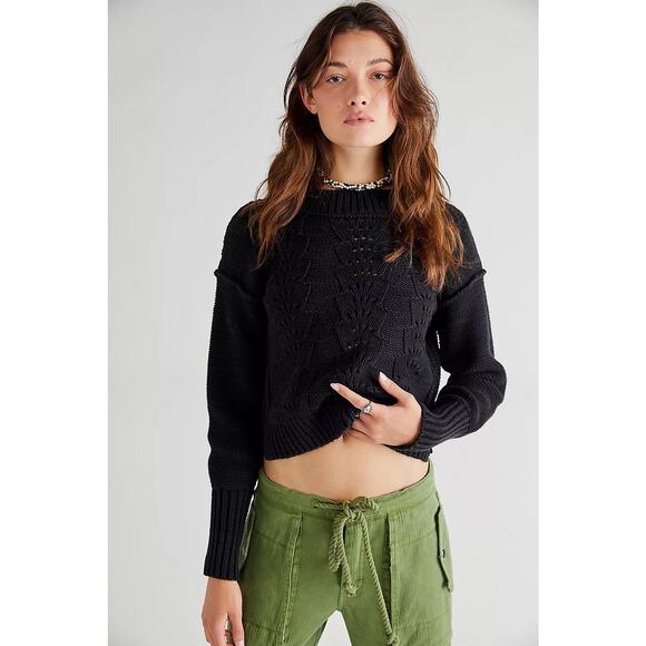 Free People | Black Cotton-Blend Pullover Bell Song Sweater | Size XS - Picture 1 of 13